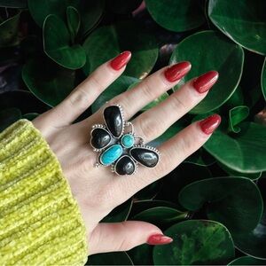 Turquoise & Black Onyx Butterfly Adjustable Ring - 925 Sterling Silver Stamp